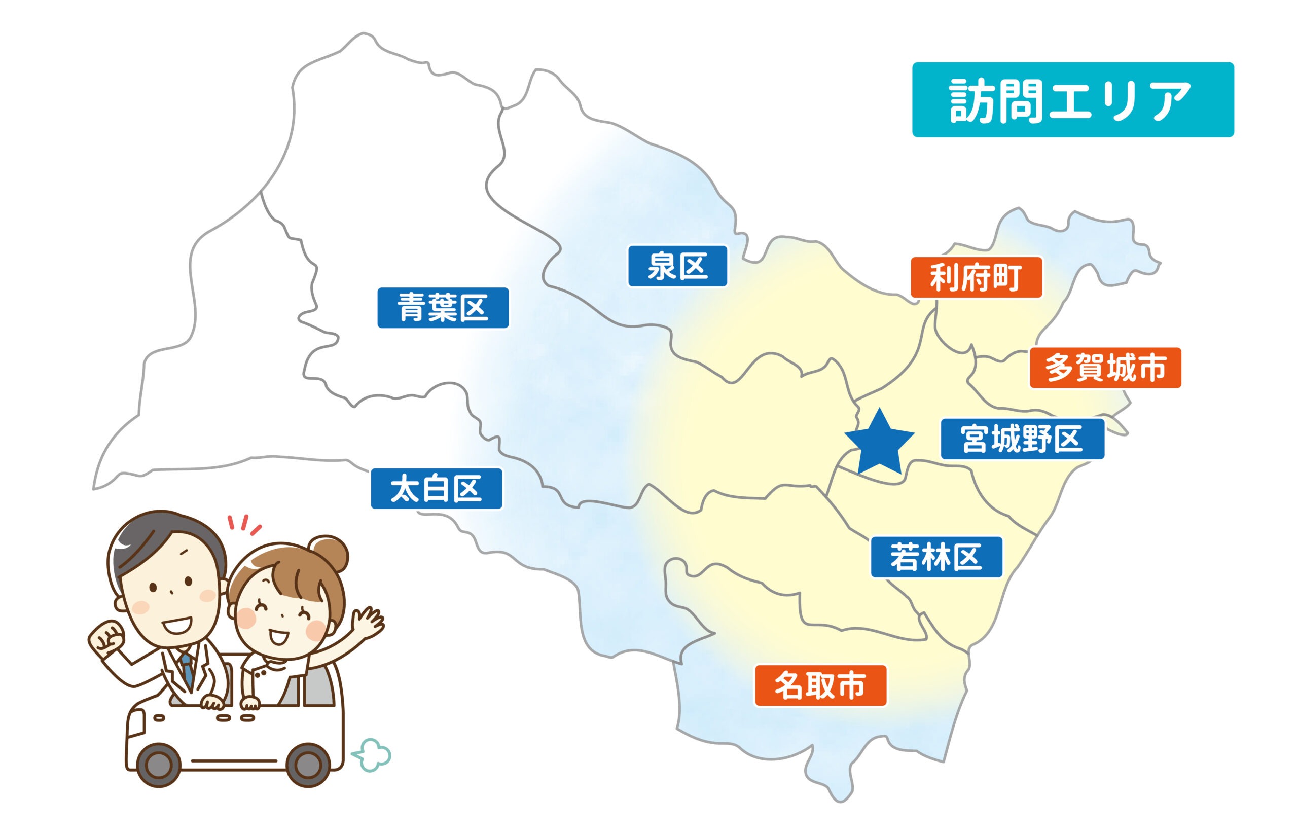訪問診療の対応エリア地図｜仙台市（青葉区、宮城野区、若林区、太白区、泉区）、名取市、多賀城市、利府町の一部地域